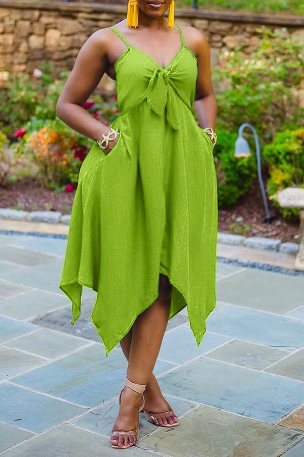 Beachy Solid Bow V-neck Irregular Hem Midi Dress - Fashionpara