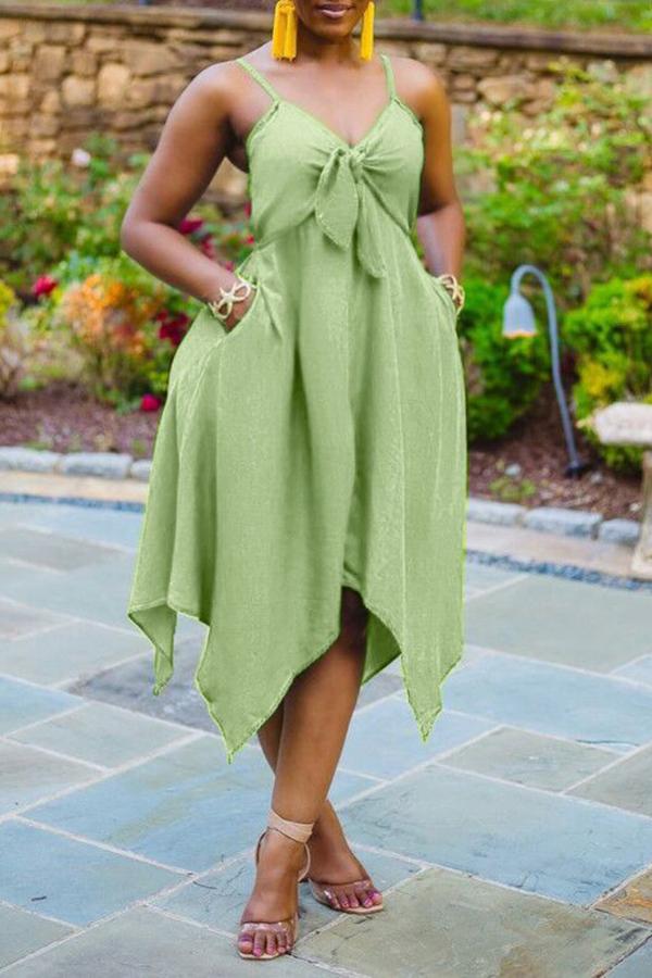 Beachy Solid Bow V-neck Irregular Hem Midi Dress - Fashionpara
