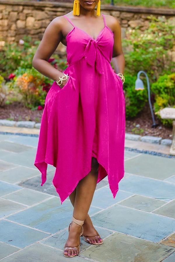 Beachy Solid Bow V-neck Irregular Hem Midi Dress - Fashionpara