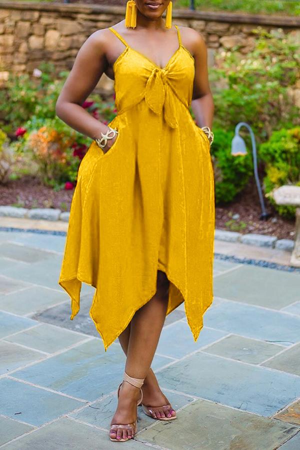 Beachy Solid Bow V-neck Irregular Hem Midi Dress - Fashionpara