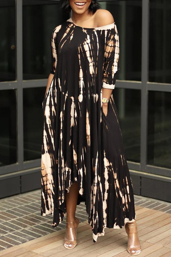 Irregular Hem Skew Neck Printed Maxi Dress Fashionpara