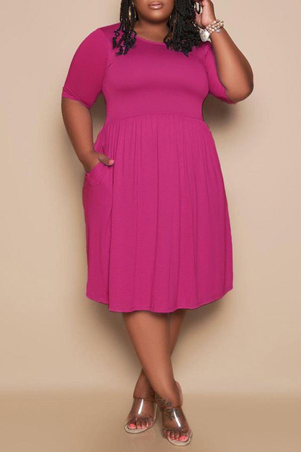 Plus Size Solid Short Sleeve Pocket Midi Dress Fashionpara
