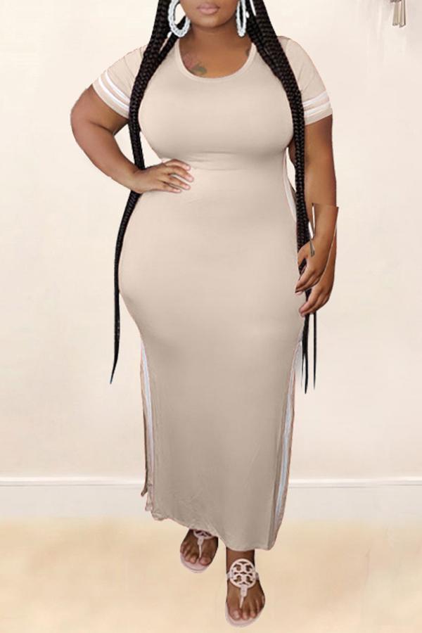Plus Size Striped Short Sleeve Slit Maxi Dress Fashionpara