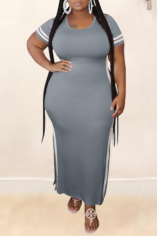 Plus Size Striped Short Sleeve Slit Maxi Dress Fashionpara