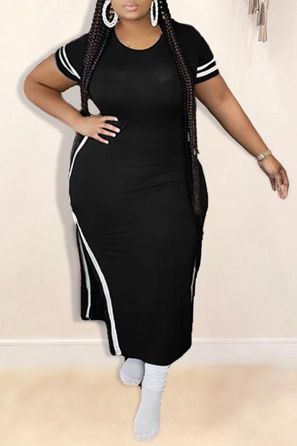Plus Size Striped Short Sleeve Slit Maxi Dress Fashionpara