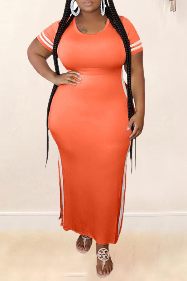 Plus Size Striped Short Sleeve Slit Maxi Dress Fashionpara
