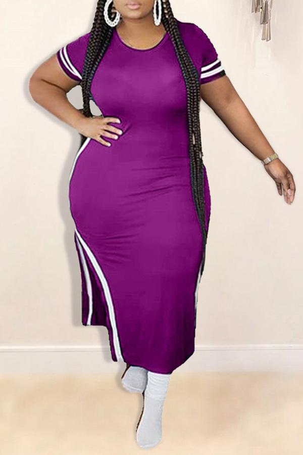 Plus Size Striped Short Sleeve Slit Maxi Dress Fashionpara