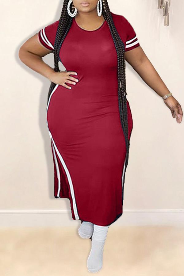 Plus Size Striped Short Sleeve Slit Maxi Dress Fashionpara