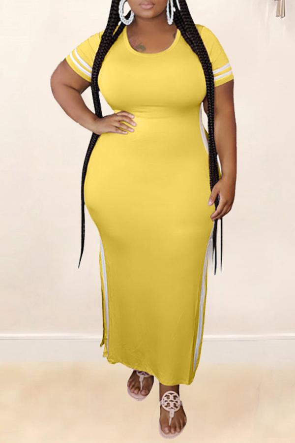 Plus Size Striped Short Sleeve Slit Maxi Dress Fashionpara