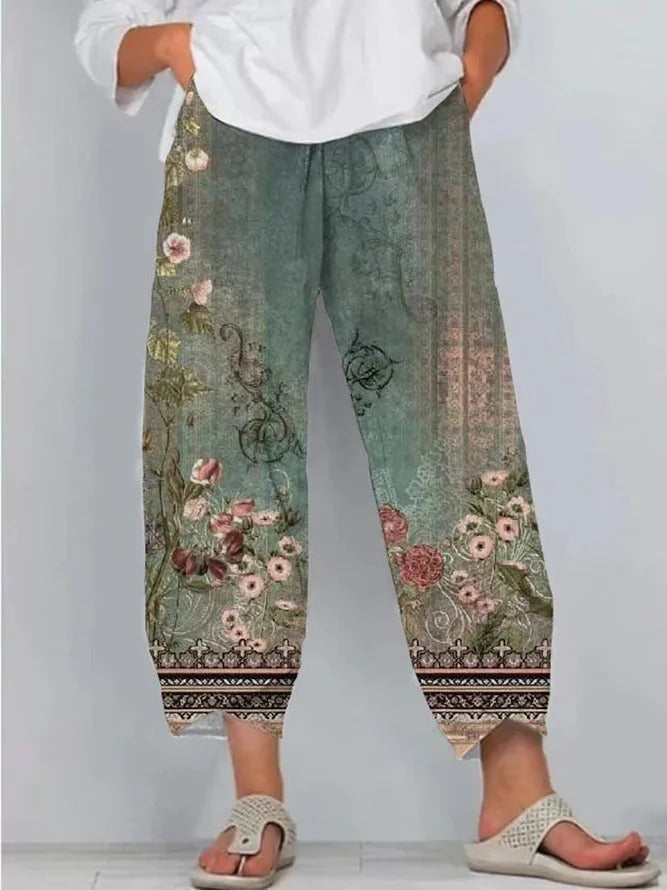 Vintage Floral Print Elastic Waist Tapered Cropped Pants