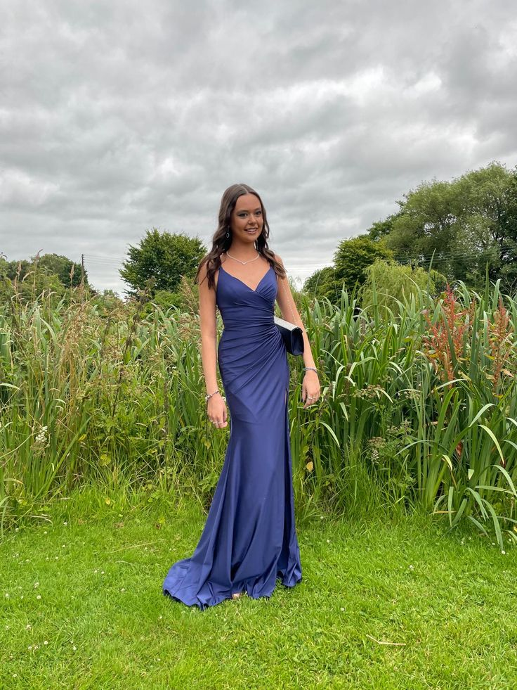 Sexy V Neck Navy Blue Satin Mermaid Side Slit Evening Dress Long Prom Dress D955