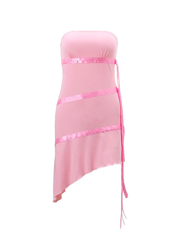 Strapless Ruched Satin Ribbon Ruffle Mini Dress 5