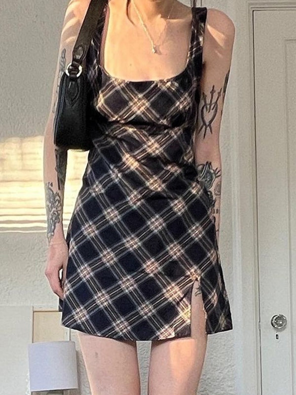 Plaid Square Neck Sleeveless Bodycon Mini Dress 2