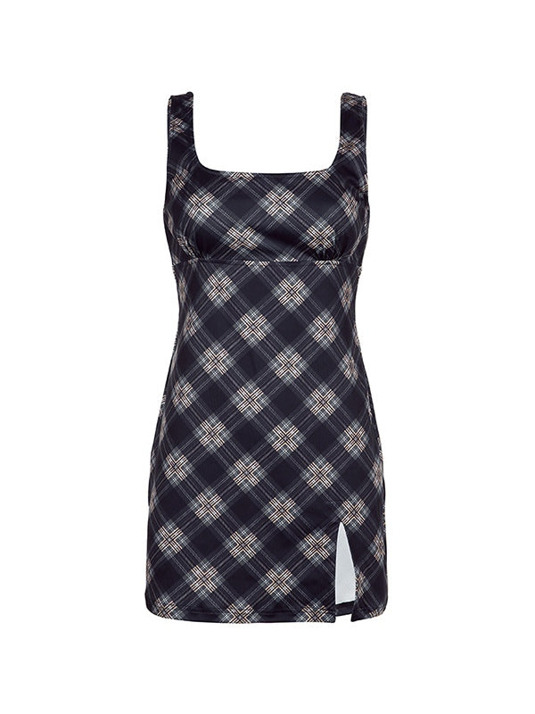 Plaid Square Neck Sleeveless Bodycon Mini Dress 4