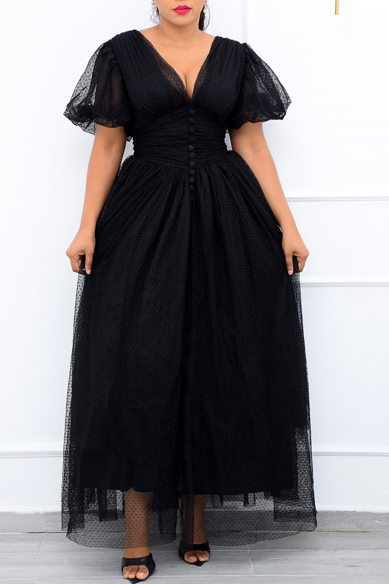 Plus Size Elegant Lace Sheer Polka Dot A-line Puff Sleeve Retro Maxi Dress Fashionpara