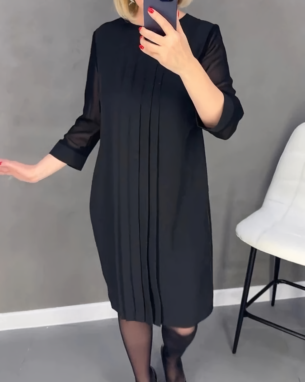 Mesh Sleeve Round Neck Pintuck Front Shift Midi Dress - View 3