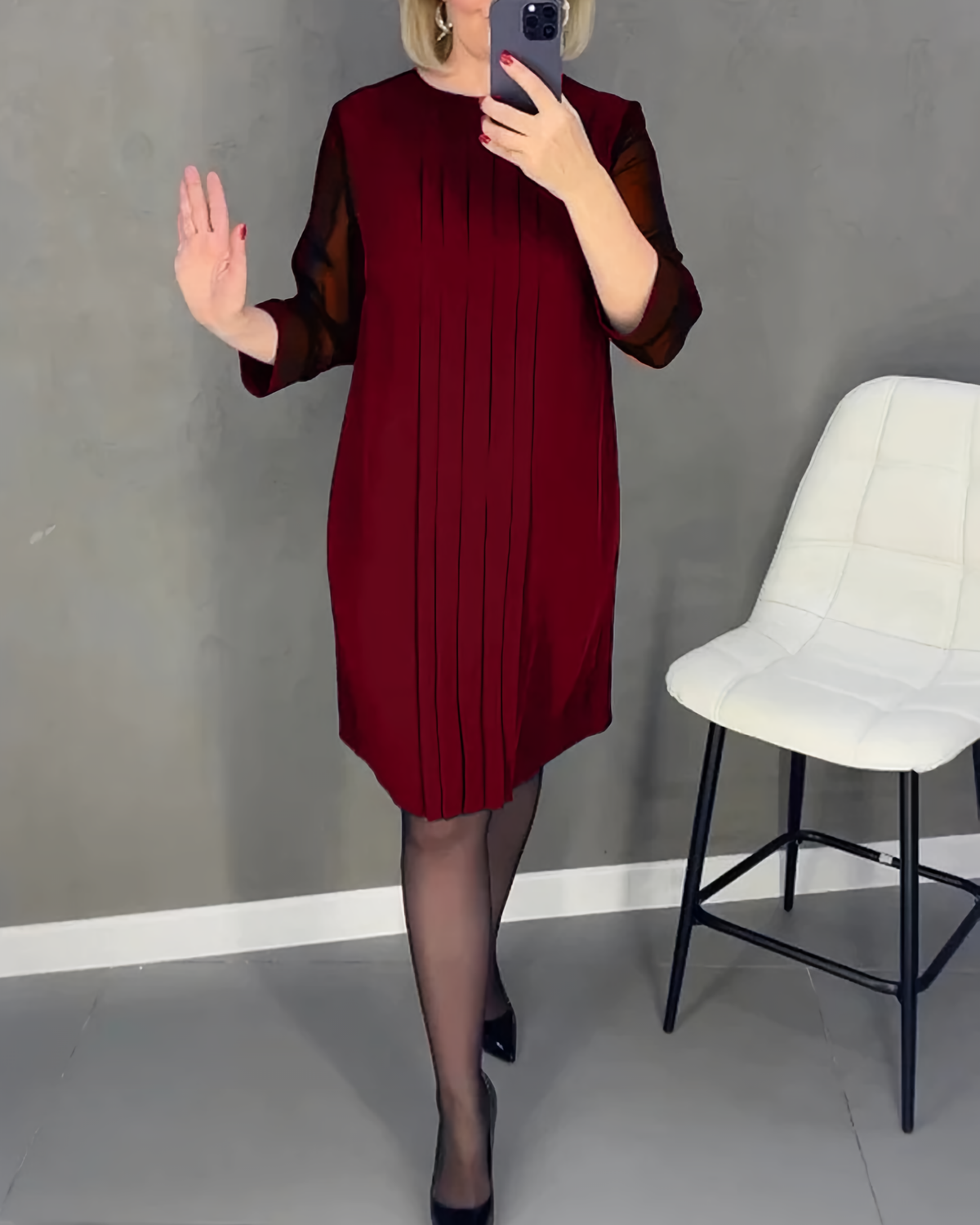Mesh Sleeve Round Neck Pintuck Front Shift Midi Dress - View 4
