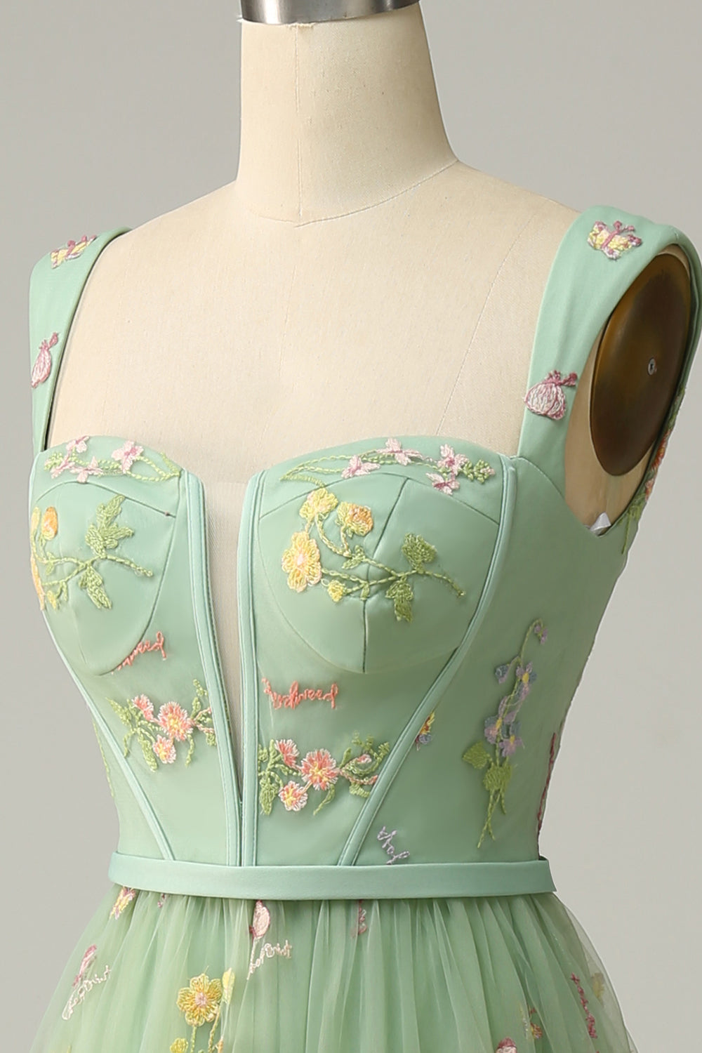 Elegant A-Line Square Neck Green Long Prom Dress with Embroidery