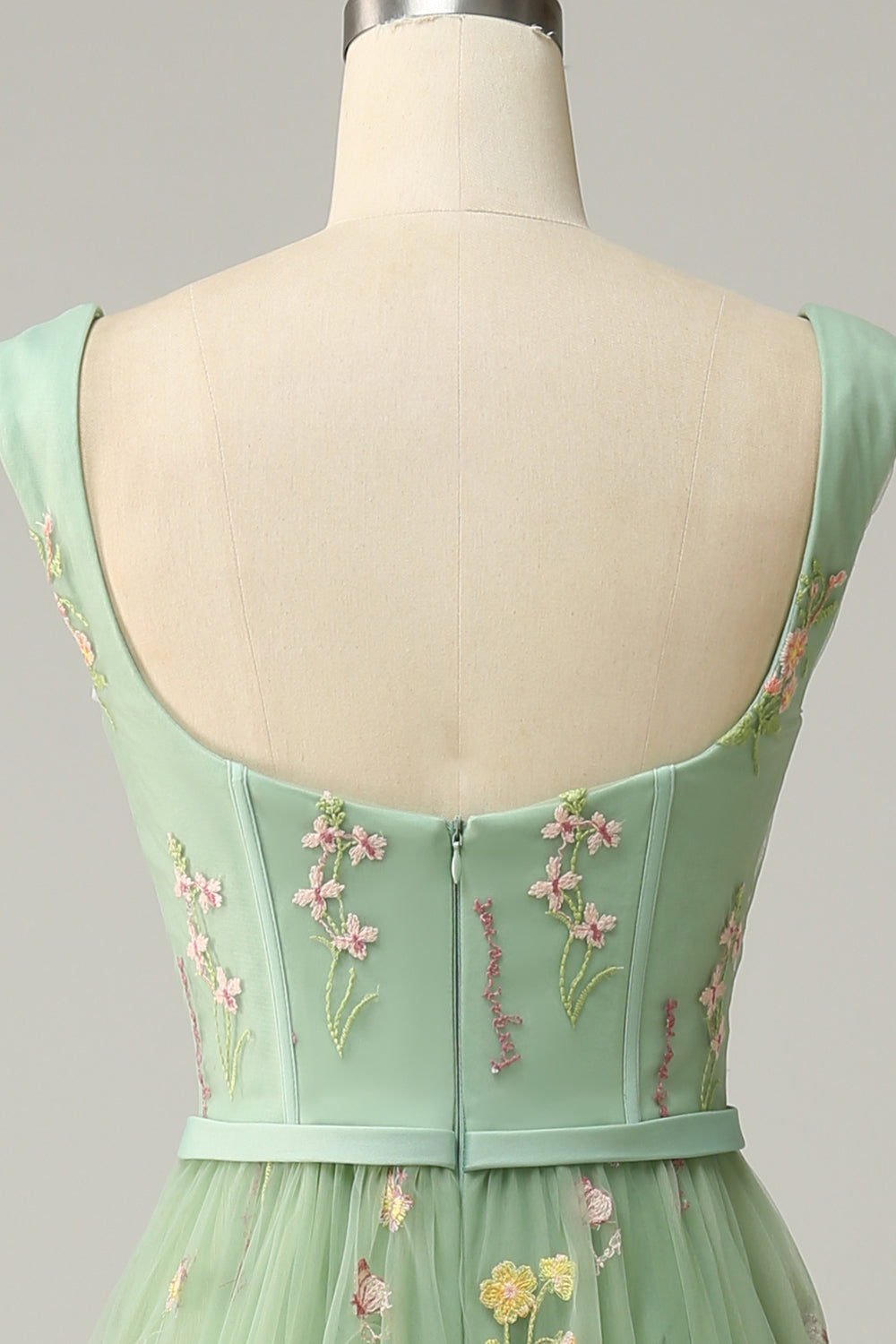 Elegant A-Line Square Neck Green Long Prom Dress with Embroidery
