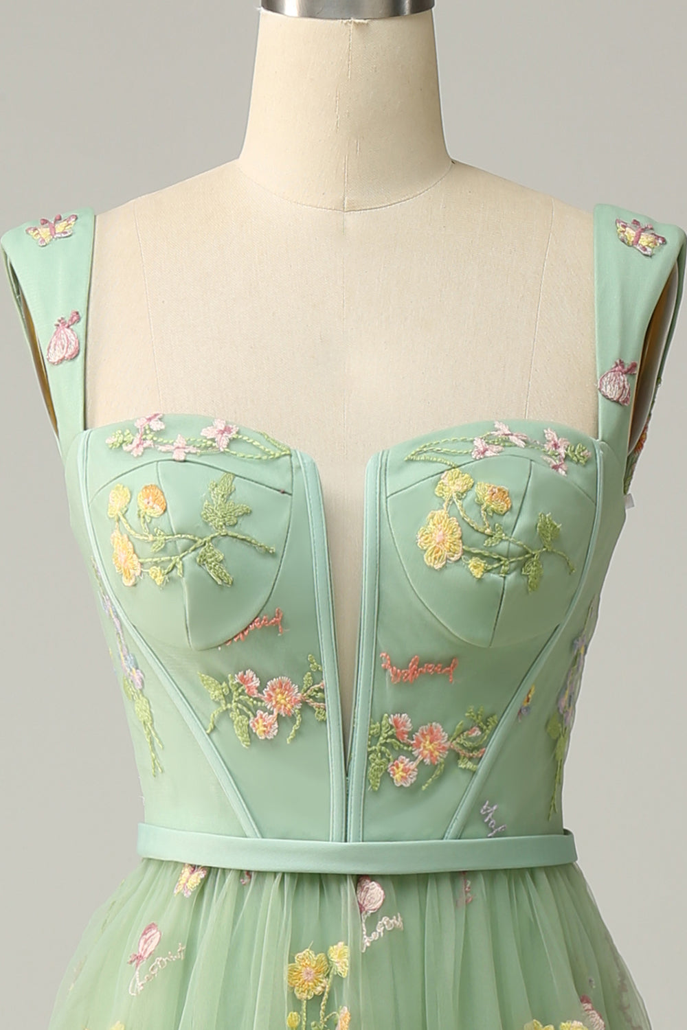 Elegant A-Line Square Neck Green Long Prom Dress with Embroidery