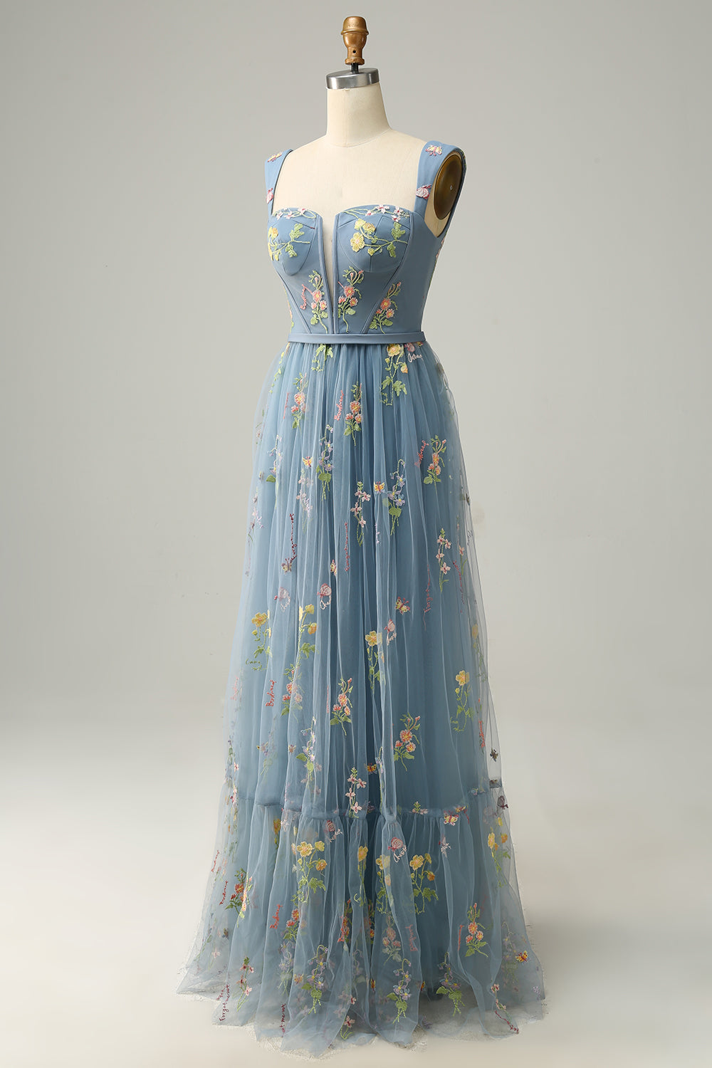 Elegant A-Line Square Neck Green Long Prom Dress with Embroidery