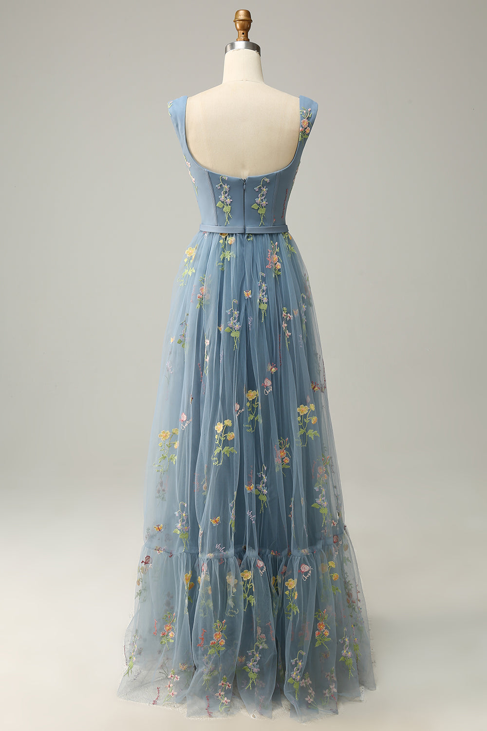 Elegant A-Line Square Neck Green Long Prom Dress with Embroidery