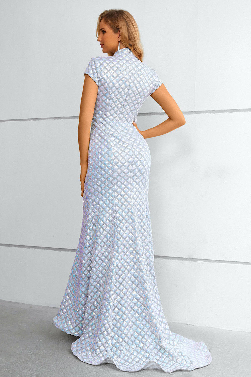 Light Blue Sequined High Neck Short Sleeves Mermaid Prom Dress - Fashionpara