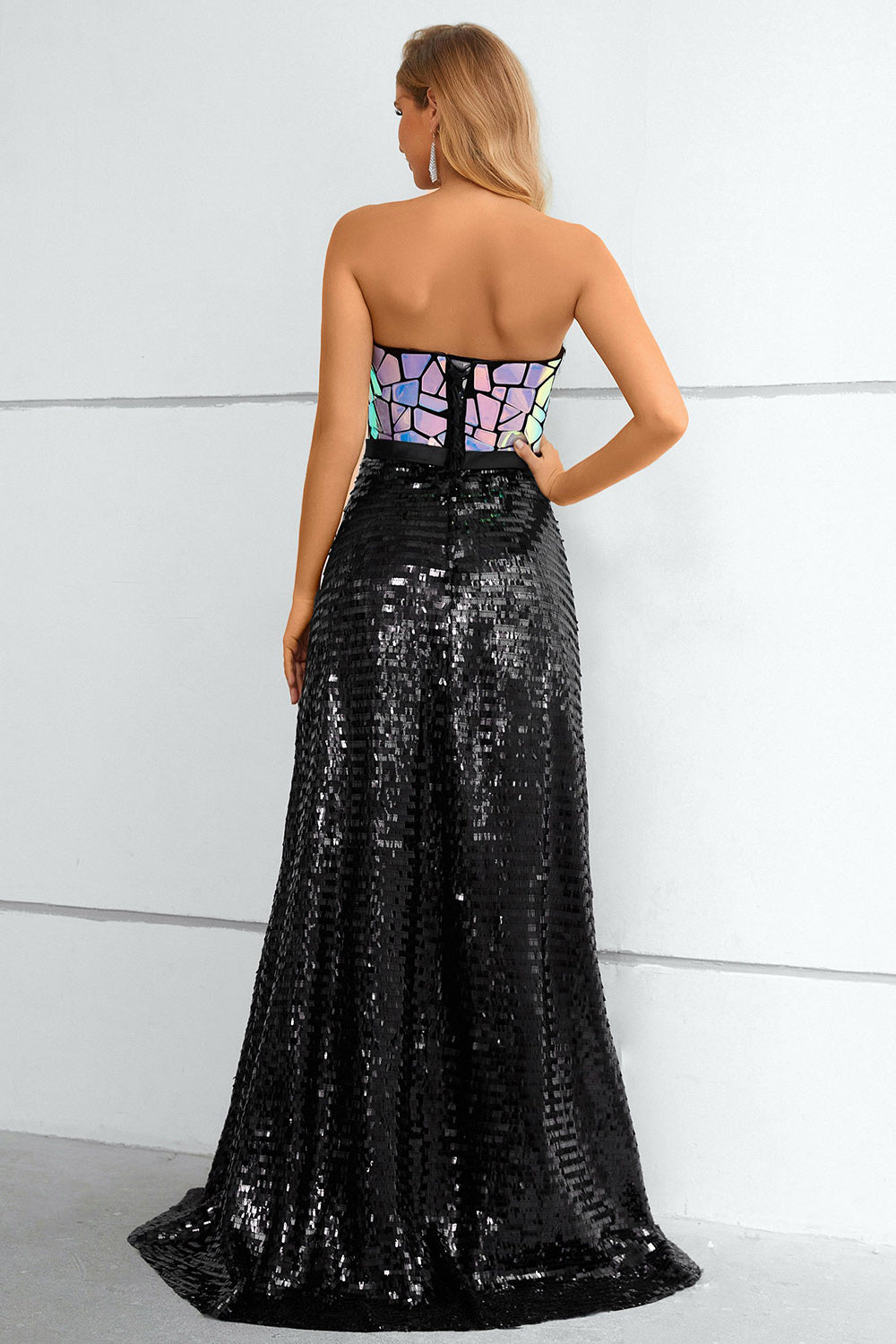 Black A Line Strapless Sparkly Sequin Strapless Prom Dress - Fashionpara