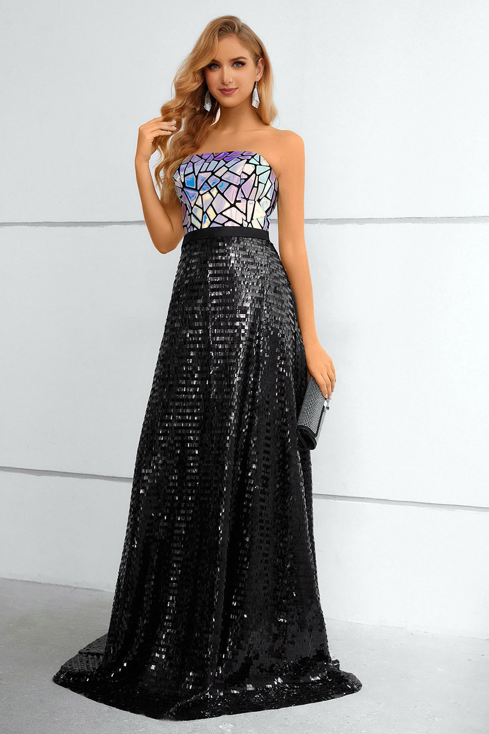 Black A Line Strapless Sparkly Sequin Strapless Prom Dress - Fashionpara