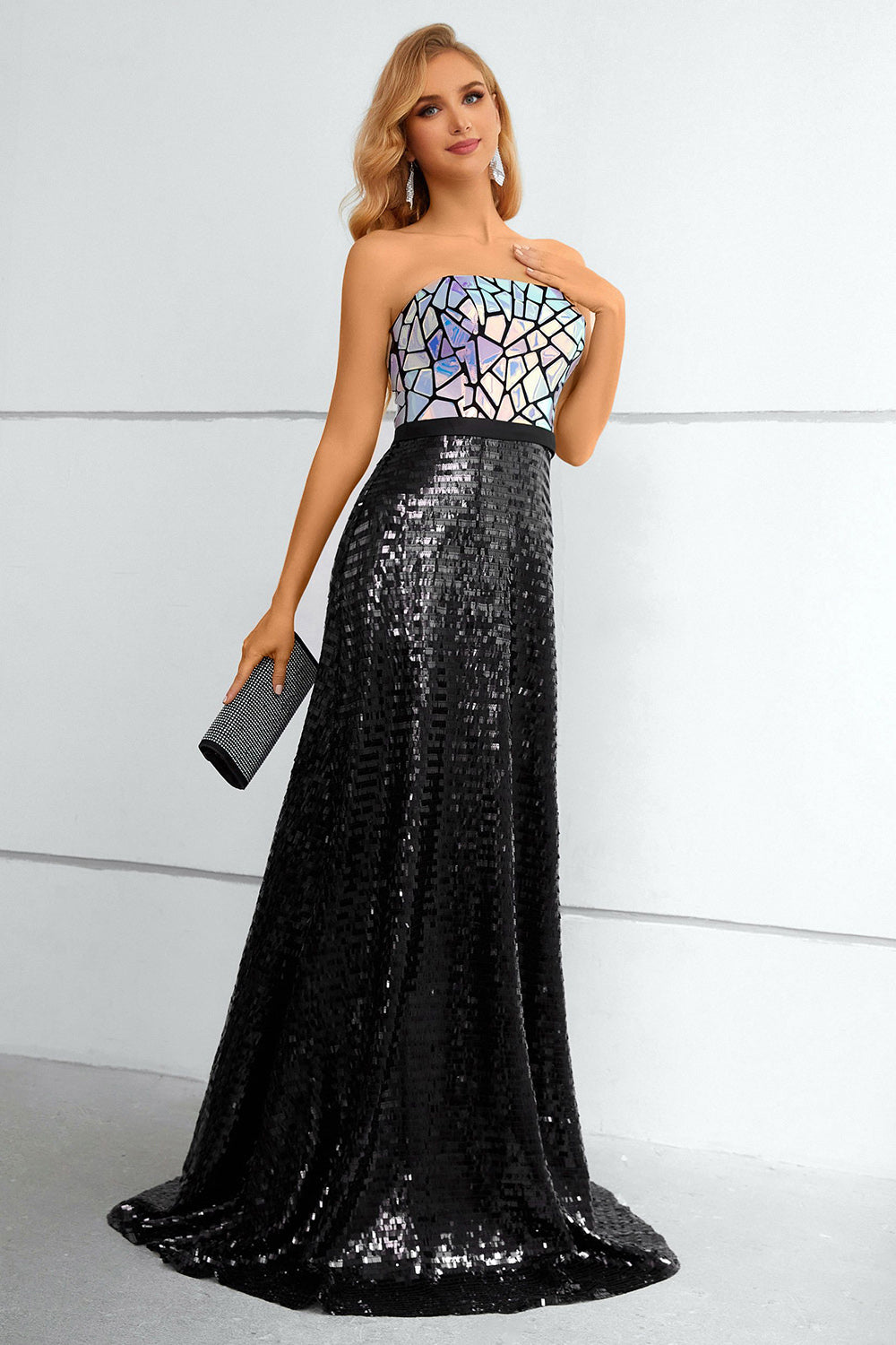Black A Line Strapless Sparkly Sequin Strapless Prom Dress - Fashionpara
