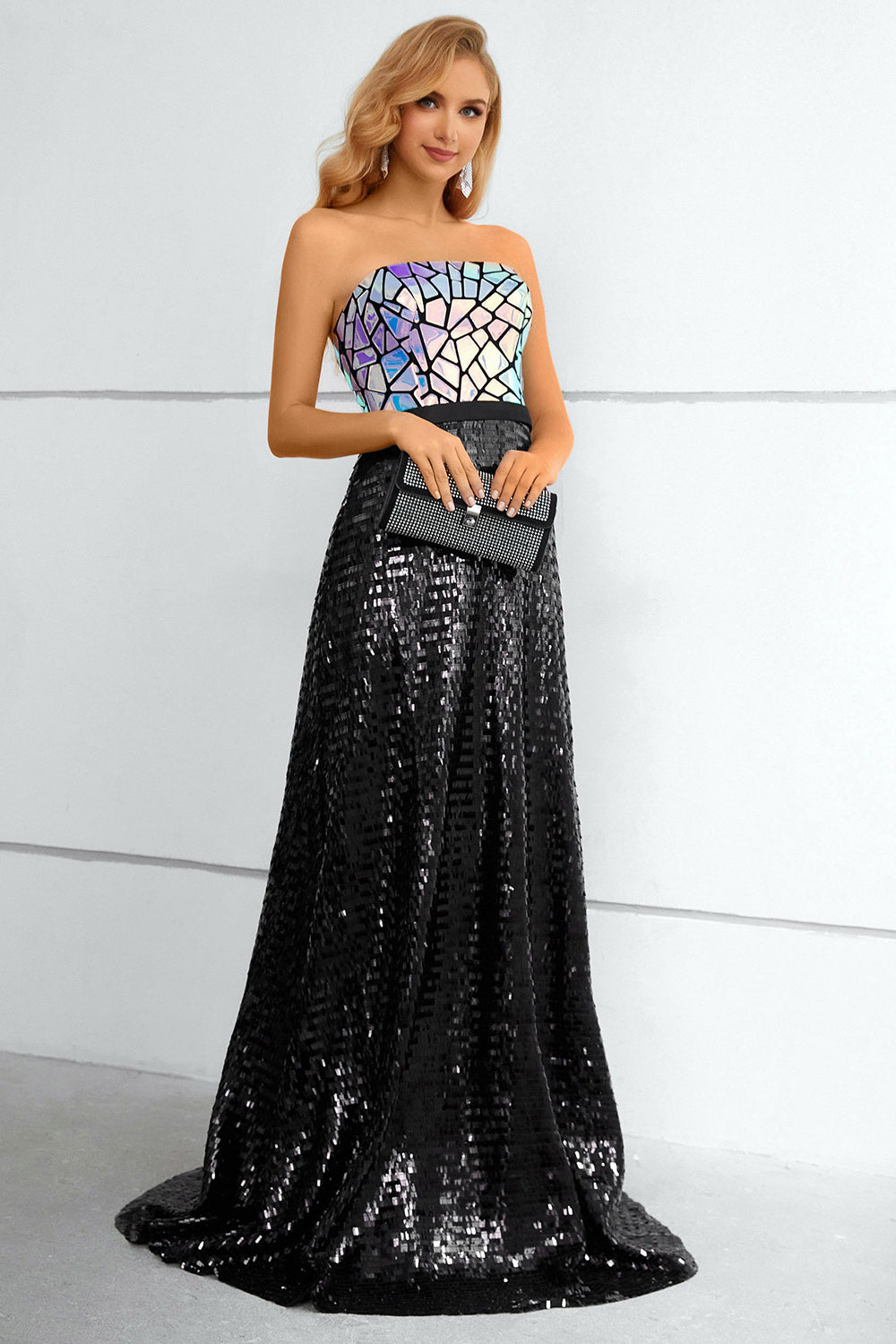 Black A Line Strapless Sparkly Sequin Strapless Prom Dress - Fashionpara