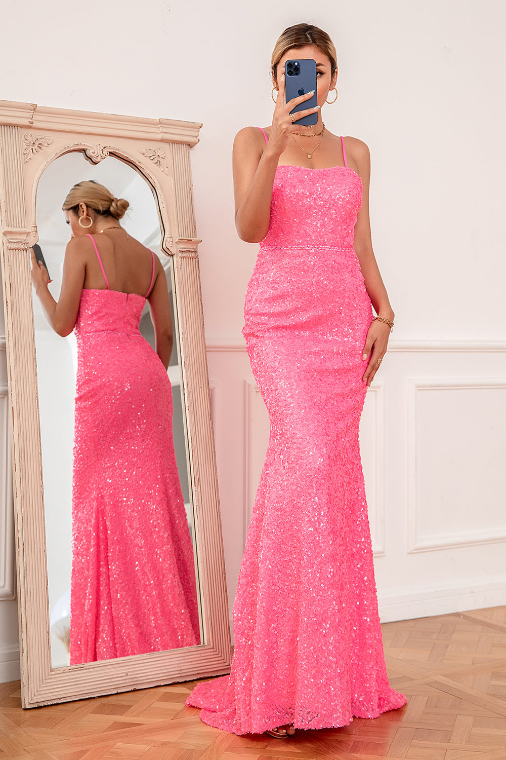 Hot Pink Sequin Spaghetti Straps Prom Dress - Fashionpara