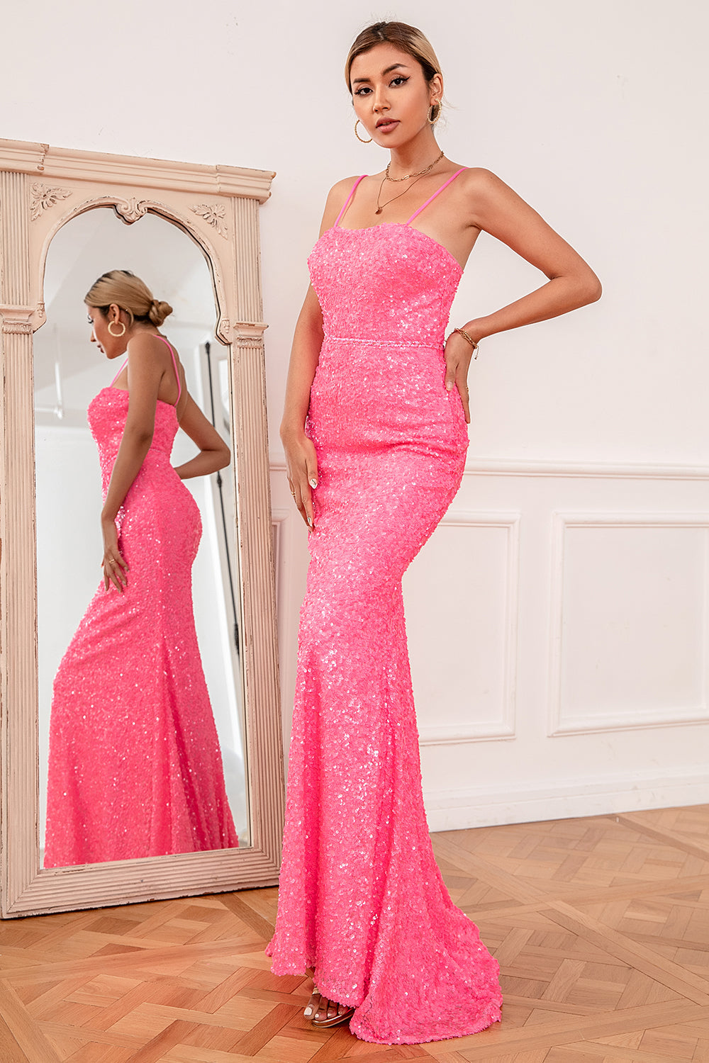 Hot Pink Sequin Spaghetti Straps Prom Dress - Fashionpara