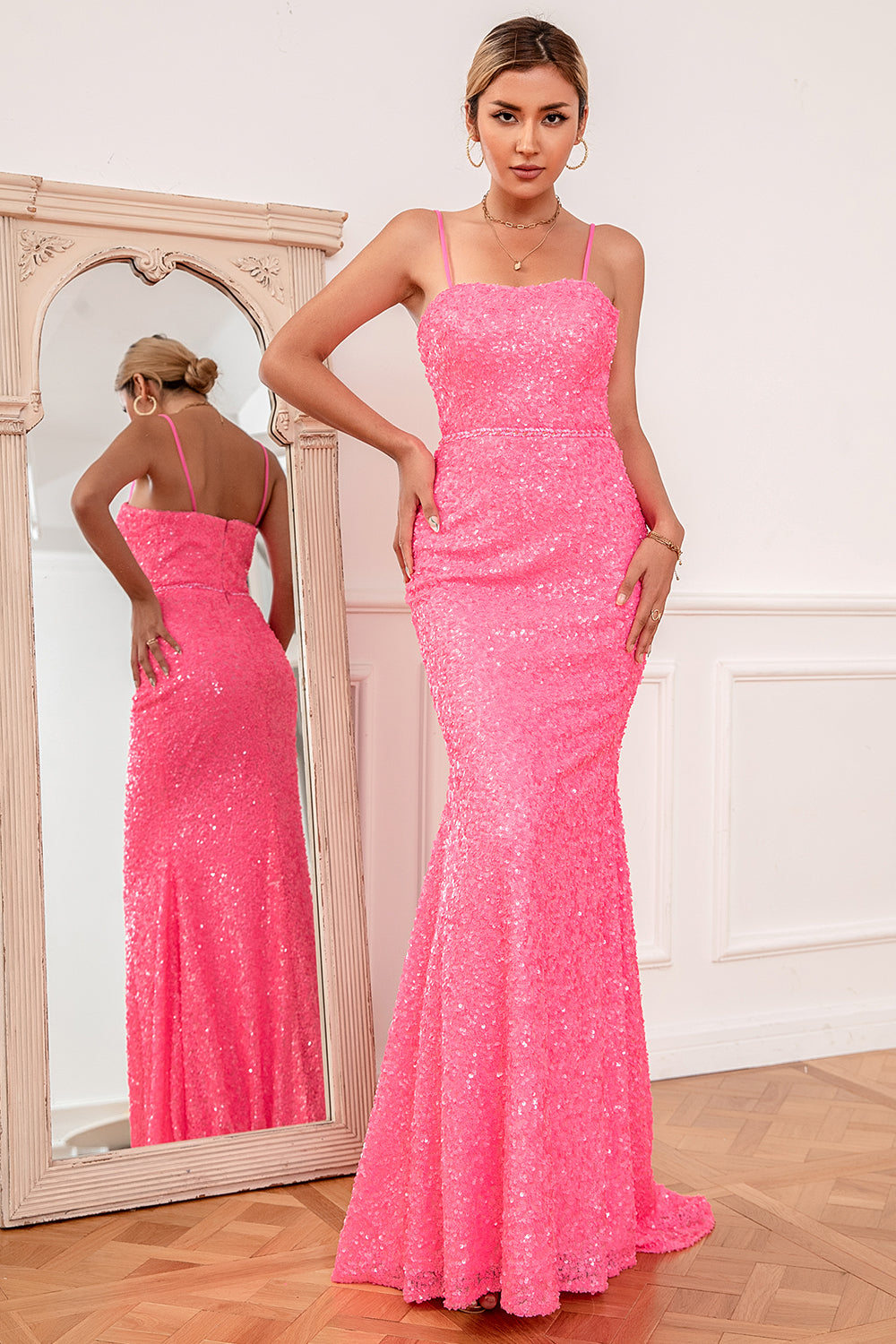 Hot Pink Sequin Spaghetti Straps Prom Dress - Fashionpara