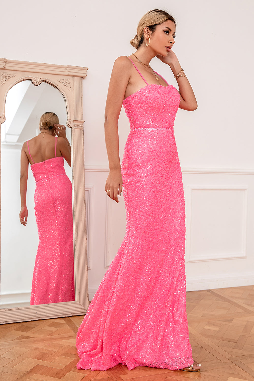 Hot Pink Sequin Spaghetti Straps Prom Dress - Fashionpara