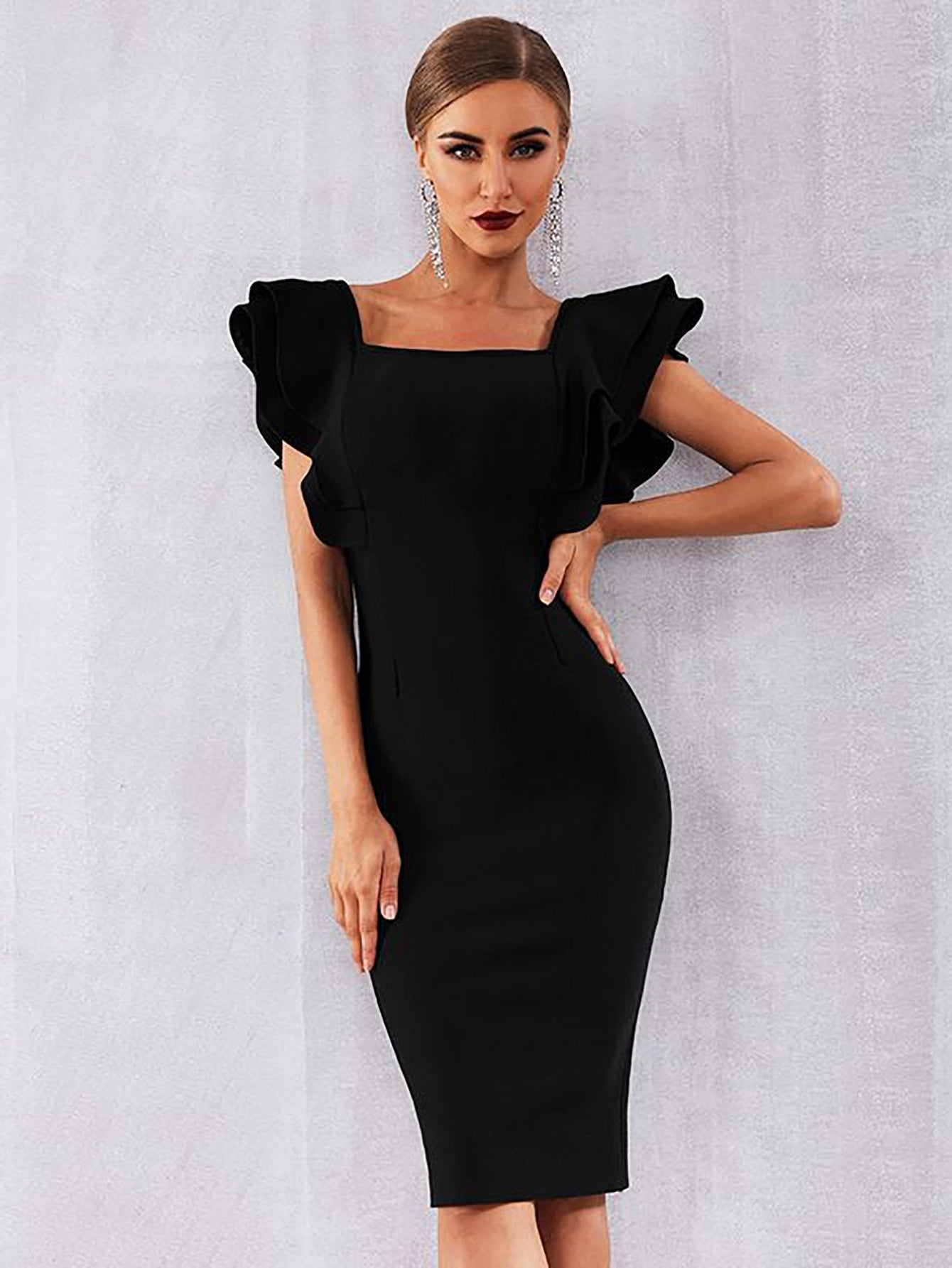 Black Square Neck Short Sleeve Midi Bandage Dress - Fashionpara