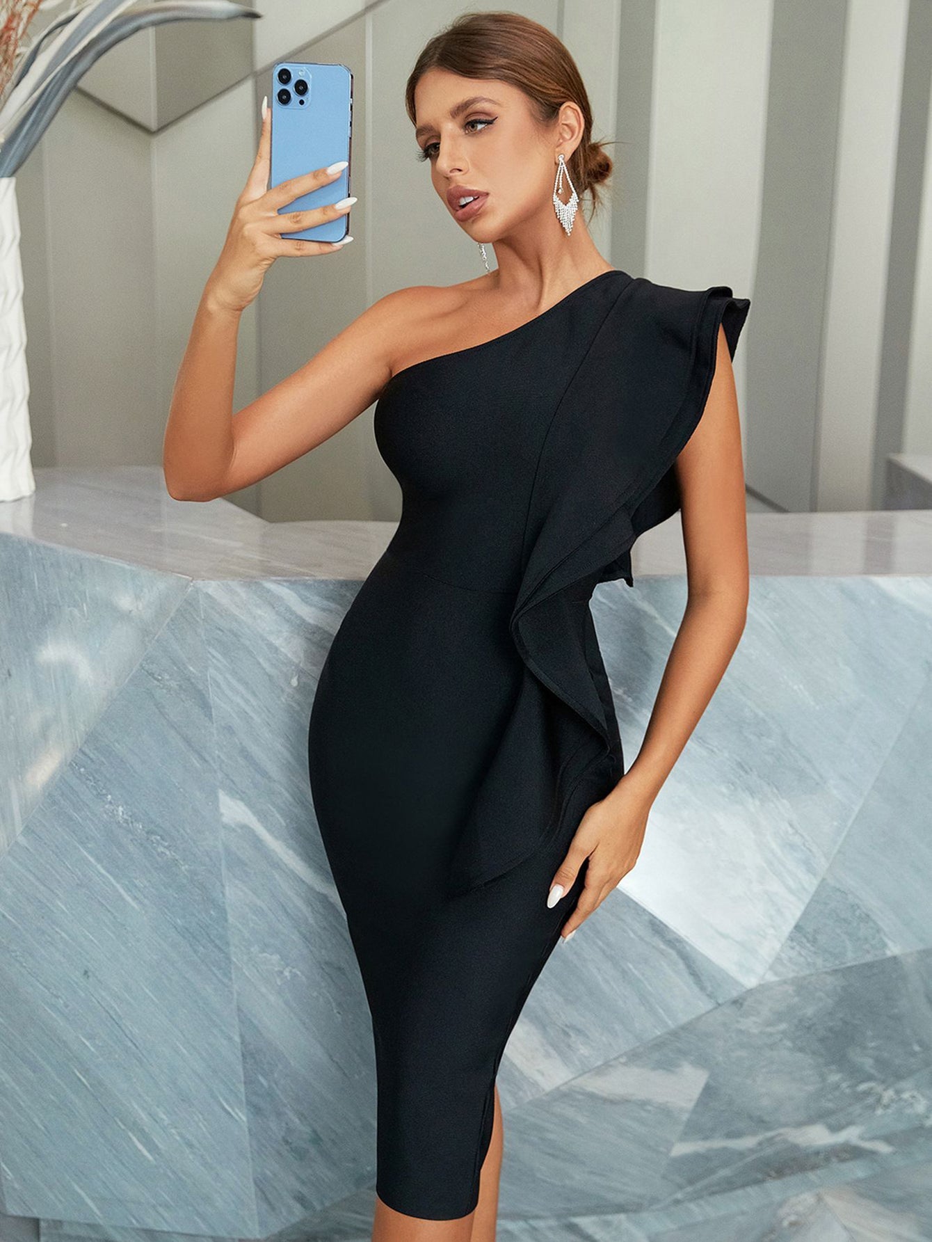 Black One Shoulder Midi Bandage Dress - Fashionpara