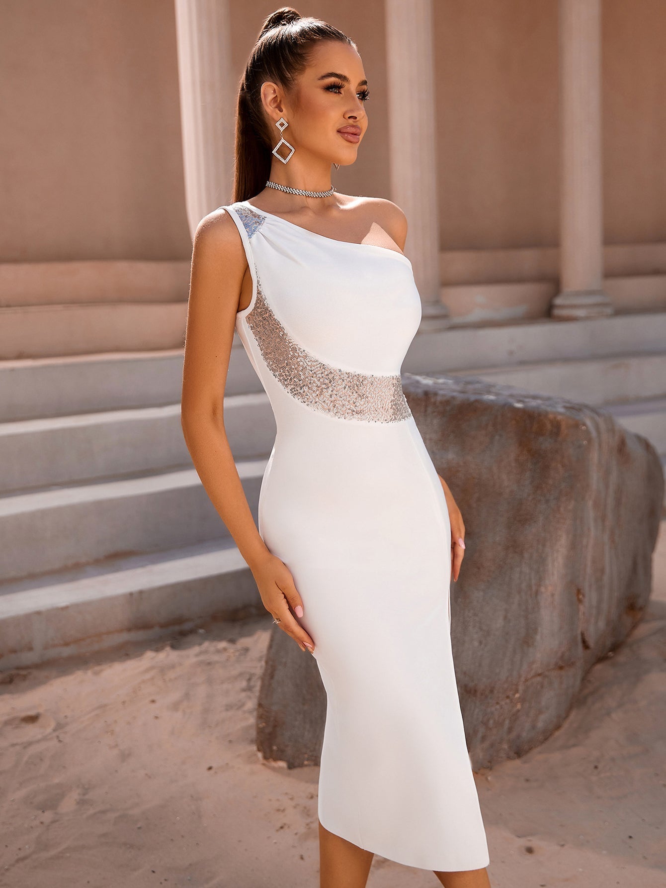 White One Shoulder Sequins Tight Bandage Midi Dress - Fashionpara