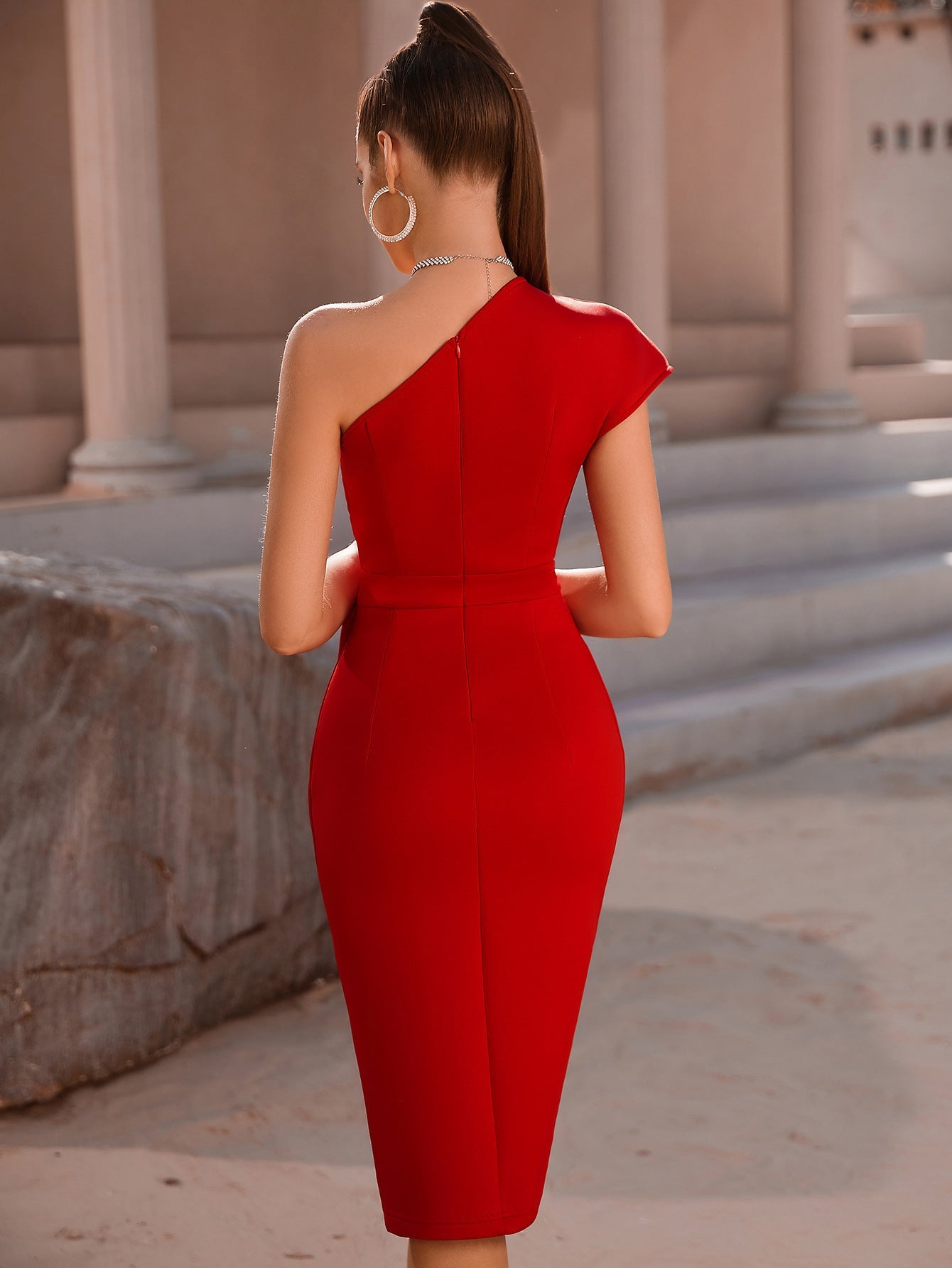 Red One Shoulder Pleated Tight Bandage Midi Dress With Slit - Fashionpara