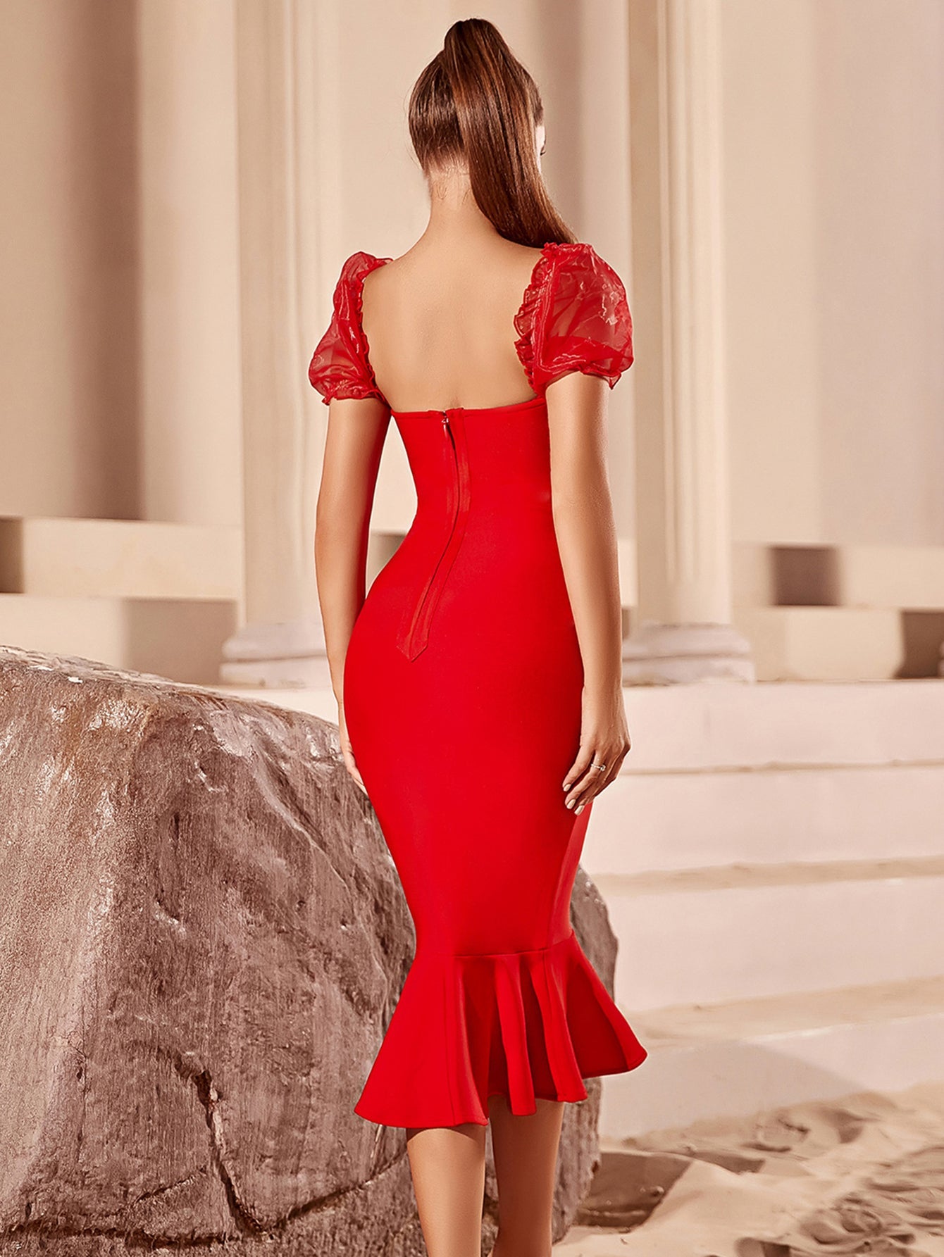 Red Simple Sexy Tight Puff Sleeves Bandage Midi Dress - Fashionpara