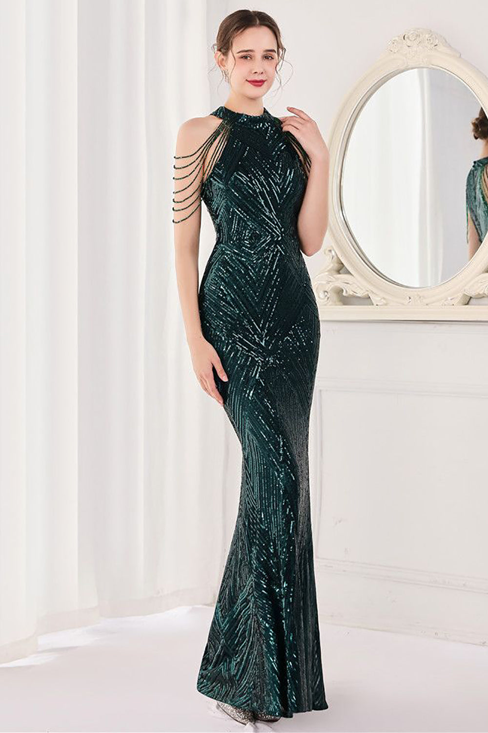 Mermaid Halter Dark Green Sequins Long Prom Dress - Fashionpara