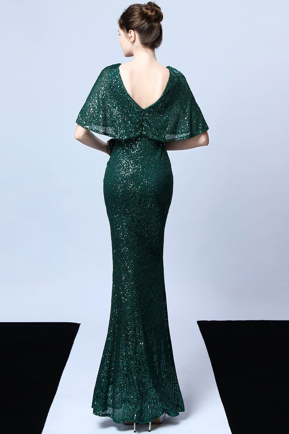 Mermaid V Neck Dark Green Sequins Long Prom Dress with Short Sleeves - Fashionpara