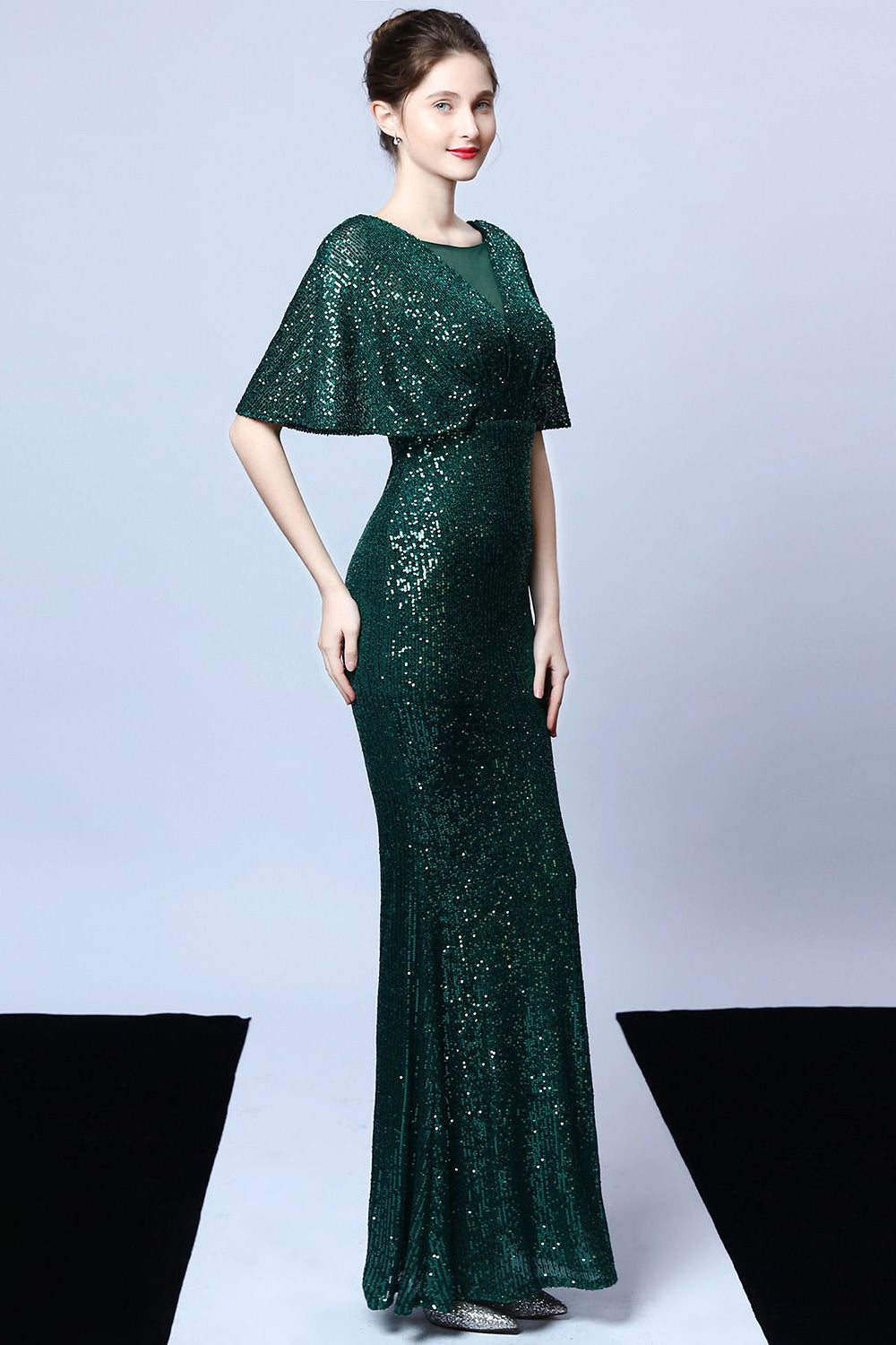 Mermaid V Neck Dark Green Sequins Long Prom Dress with Short Sleeves - Fashionpara