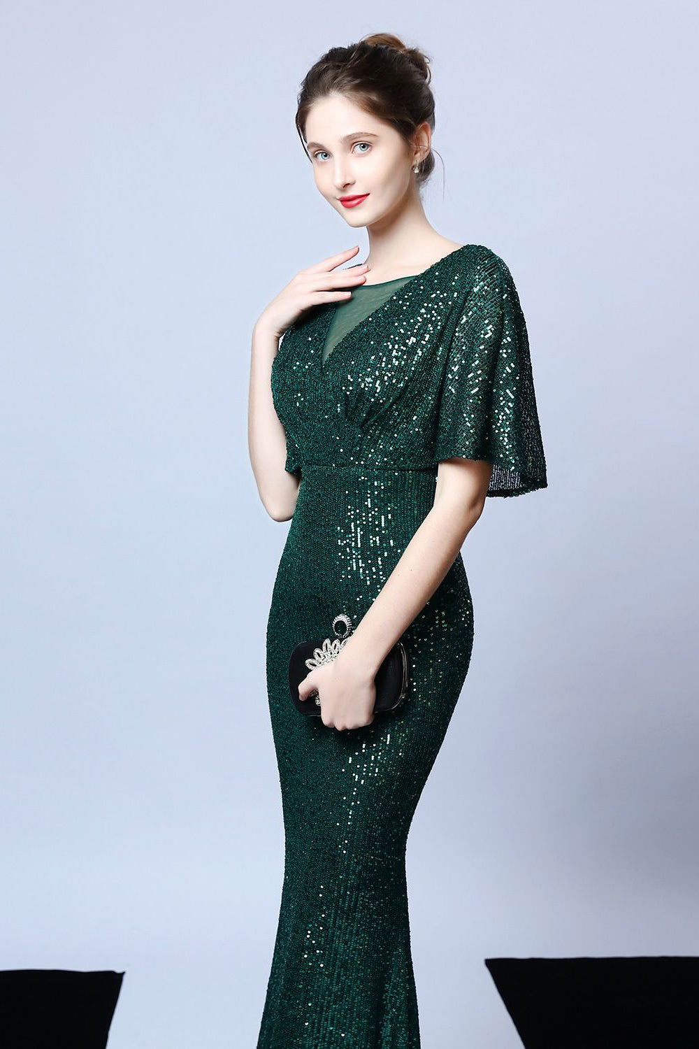 Mermaid V Neck Dark Green Sequins Long Prom Dress with Short Sleeves - Fashionpara