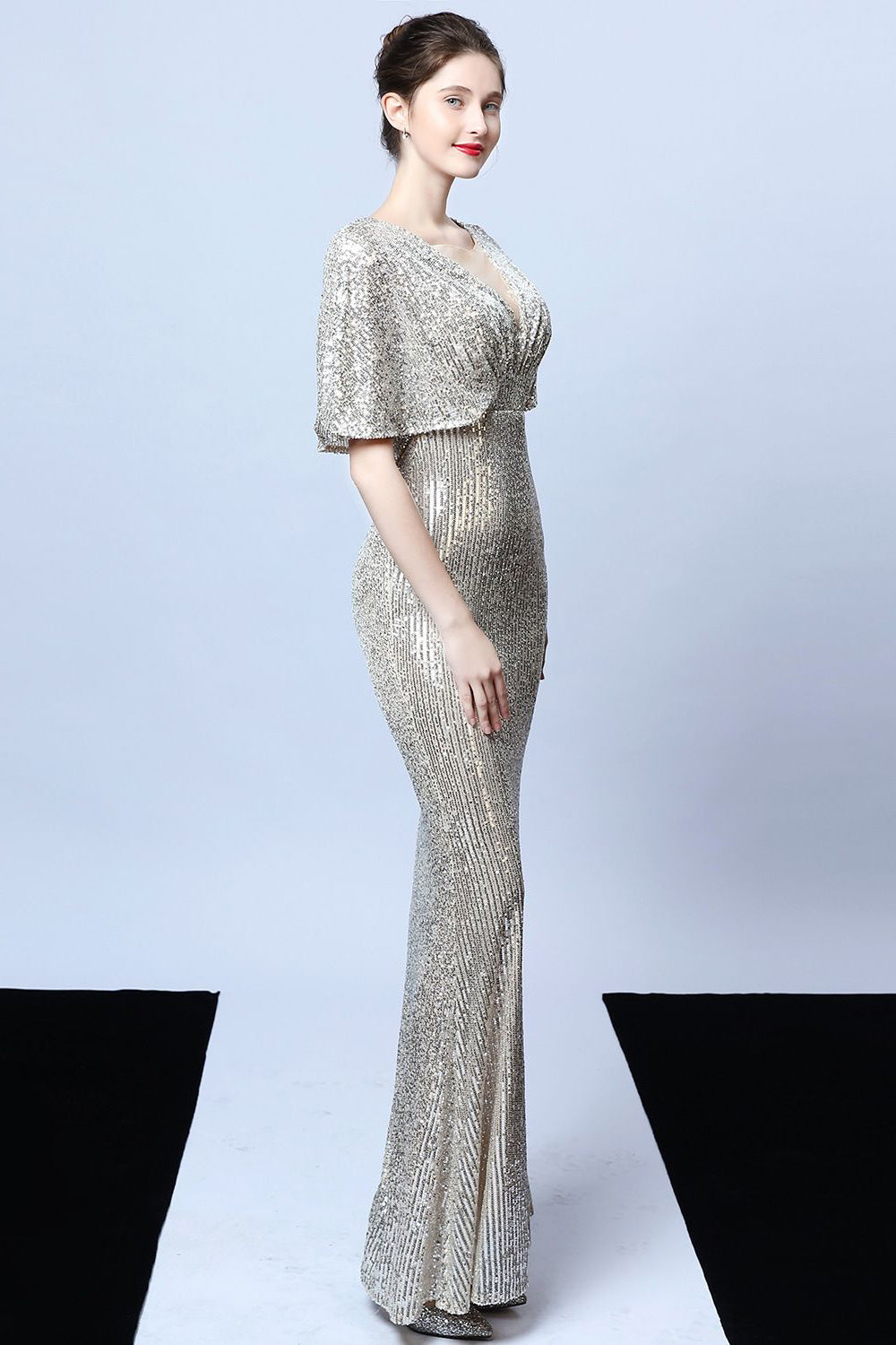 Mermaid V Neck Dark Green Sequins Long Prom Dress with Short Sleeves - Fashionpara