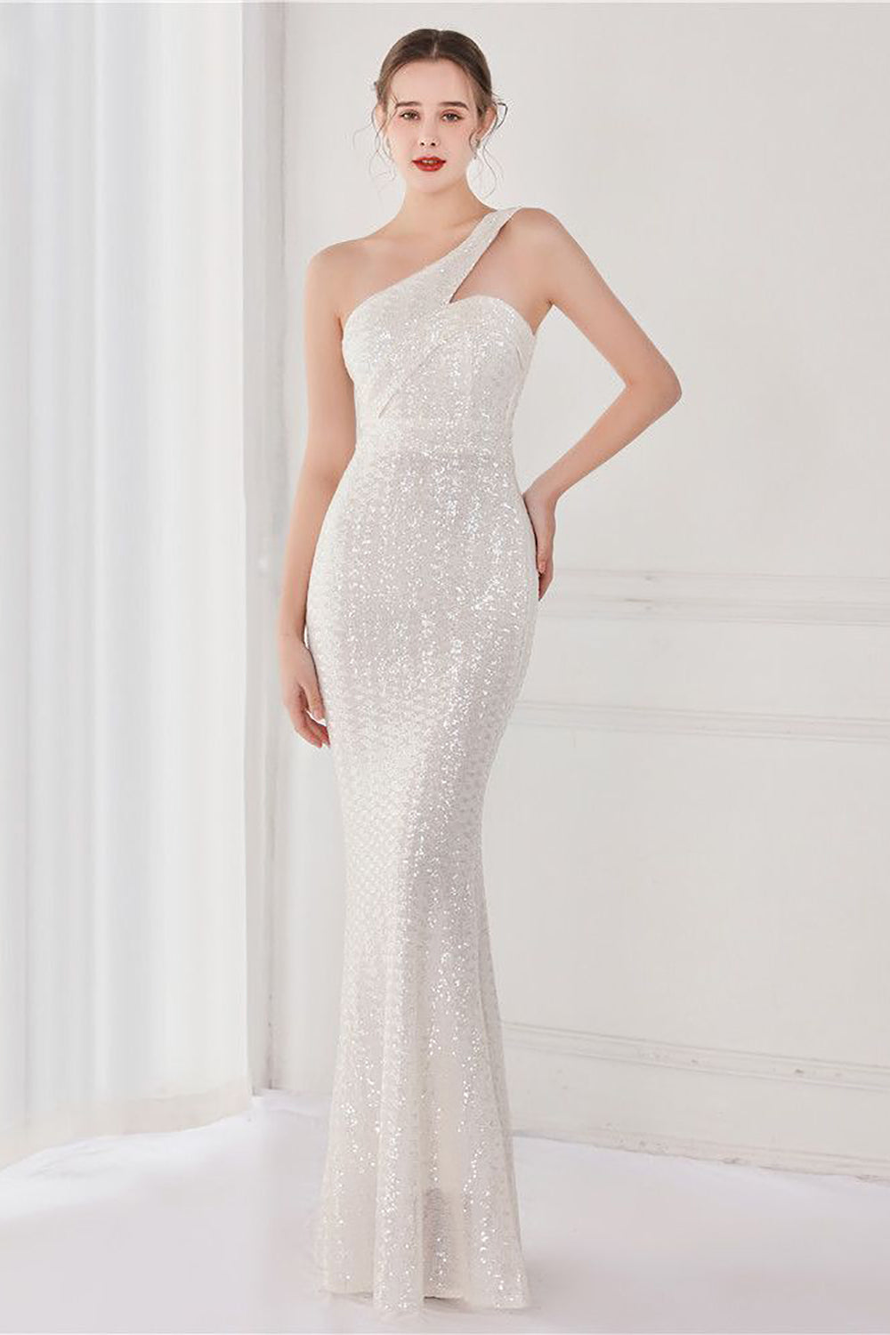 Colorful One Shoulder Sequined Mermaid Evening Dress