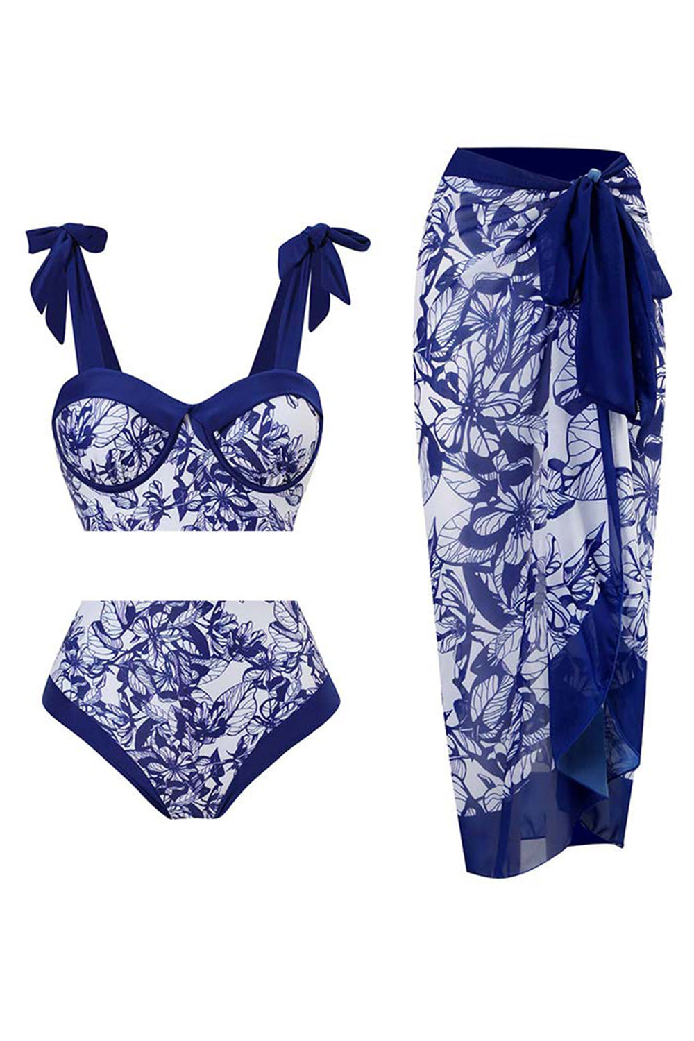 High Waist Printed Dark Blue 3 Piece Swimwear Set with Beach Dress