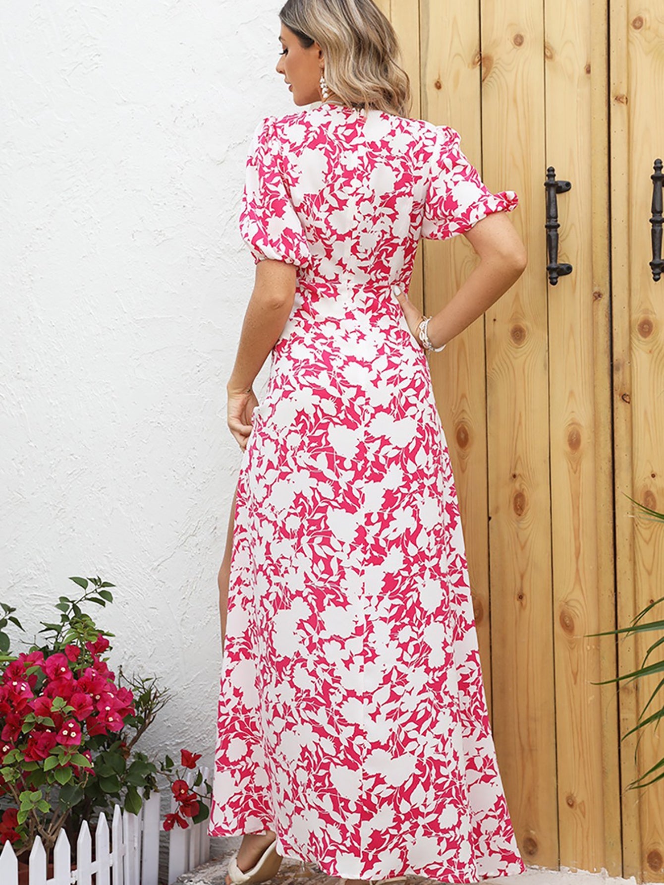 Floral Pink A Line Long Summer Vacation Dress With Short Sleeves - Fashionpara
