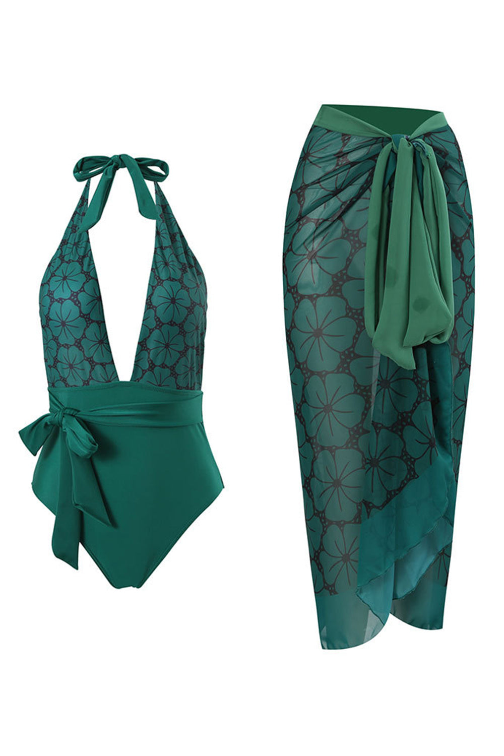Halter Neck Green One Piece Swimwear with Beach Skirt