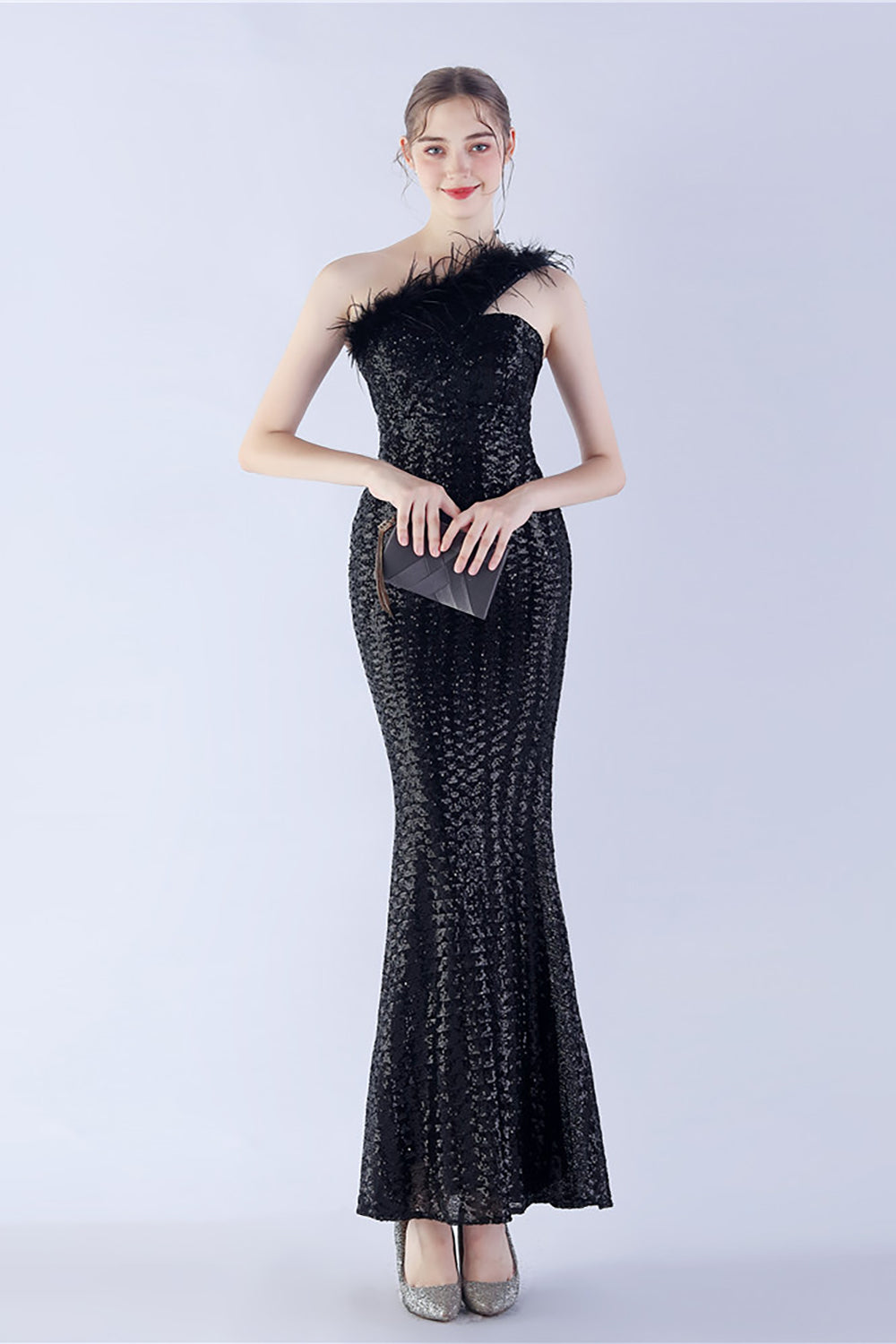Metal One Shoulder Mermaid Sequin Formal Dress With Feather